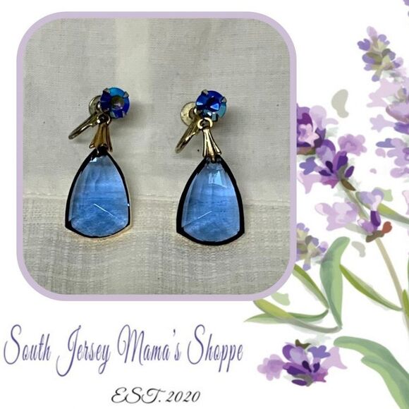 Vintage 1950s Screw Back Earring Blue Rhinestone Blue Plastic Bead Dangle (J260) - Picture 1 of 9